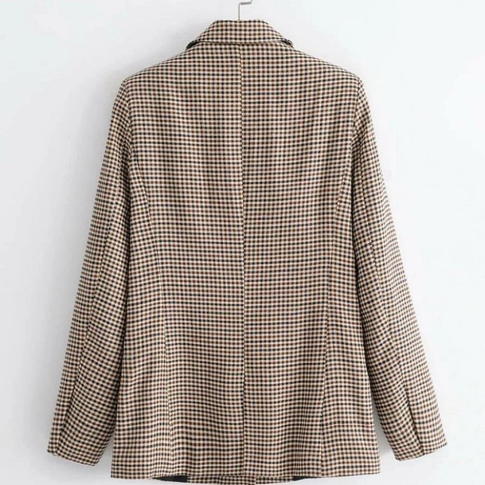 Plaid Print Double Breasted Lapel Collar Blazer work professional Business Chic - Picture 6 of 16